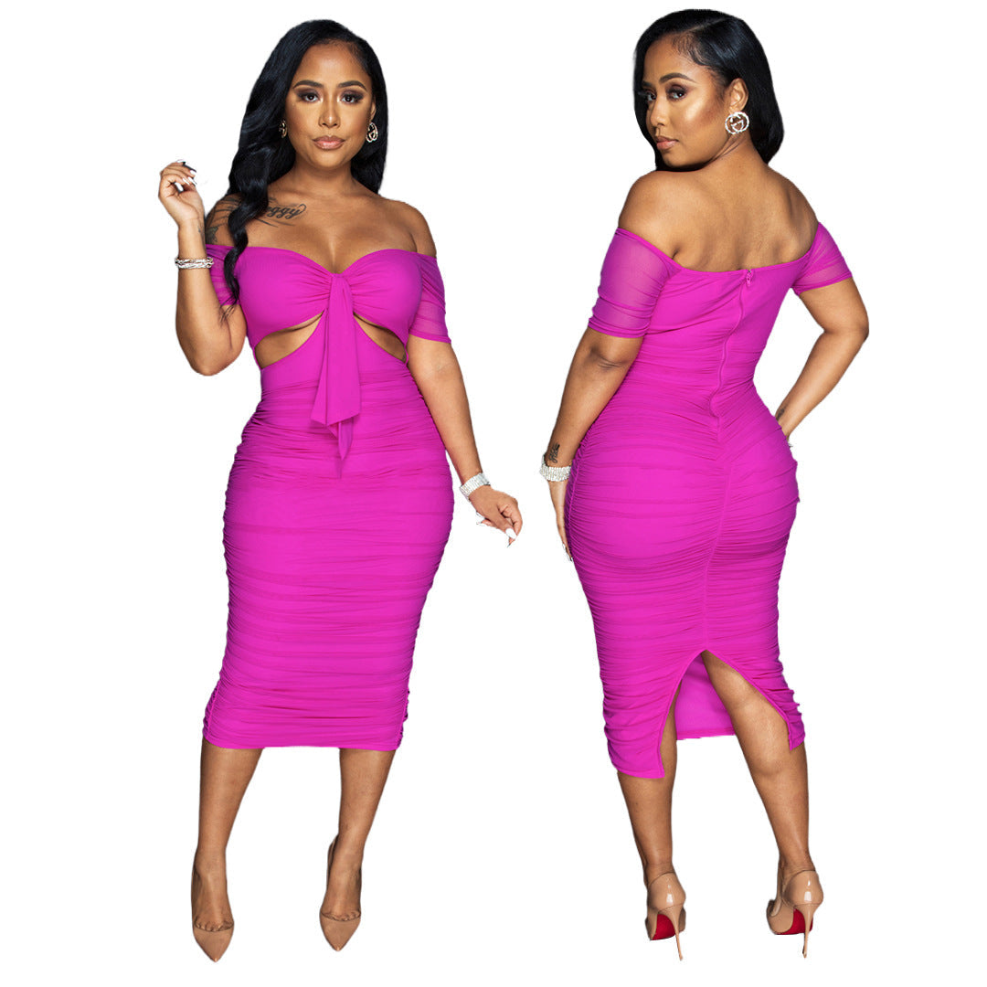 Women Clothing Nightclub Uniforms Mesh Pleats Split off-Shoulder Sexy Dress Bella Mia